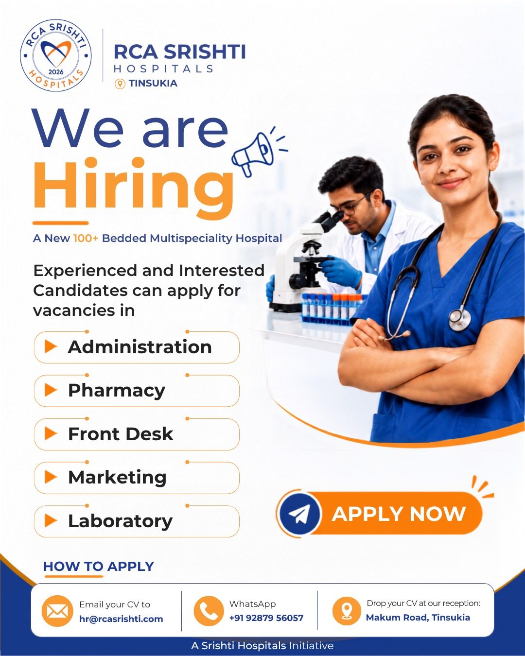 We are hiring at RCA Srishti Hospitals, Tinsukia — see the post on Instagram